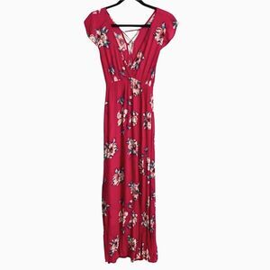 Billabong Floral Dark Red-Pink Maxi Dress with Crisscross Back Size S